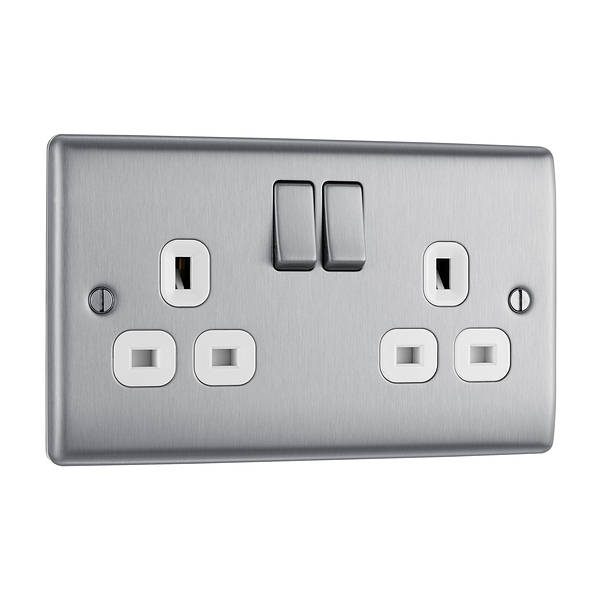 BG Nexus Metal - Brushed Steel 13A 2G Socket - Black/Grey/White Inserts - Brushed Steel with White Inserts