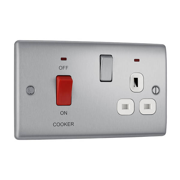 BG Nexus Metal Brushed Steel 45A Cooker Control Socket - White Insert