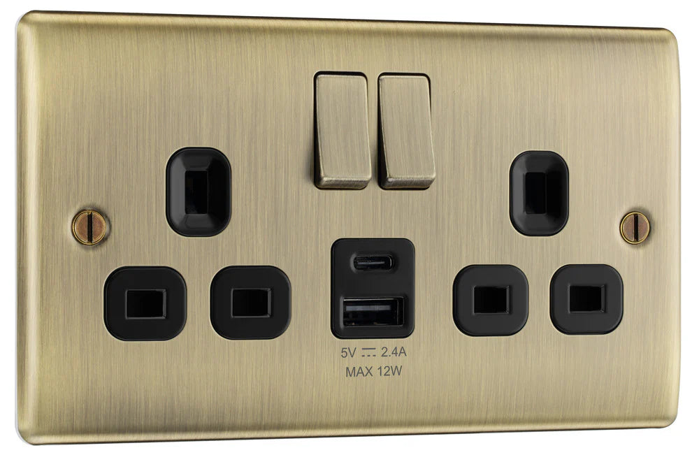 BG Nexus Metal - Antique Brass - 13A 2G Socket Black Inserts - USB Type A + Type C