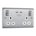 BG Nexus Metal - Brushed Steel Switched Socket White Inserts 13A 2G - 2x USB Type A