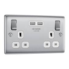 BG Nexus Metal - Brushed Steel Switched Socket White Inserts 13A 2G - 2x USB Type A