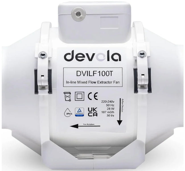 Devola 100mm Inline Mixed Flow Extractor Fan, 4 Inch Bathroom Fan, For Kitchen, Bathroom and Loft